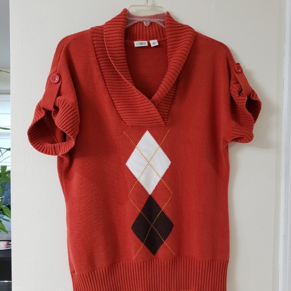 Cato Sweaters - Cato Sweater Orange Short Sleeve Argyle Print